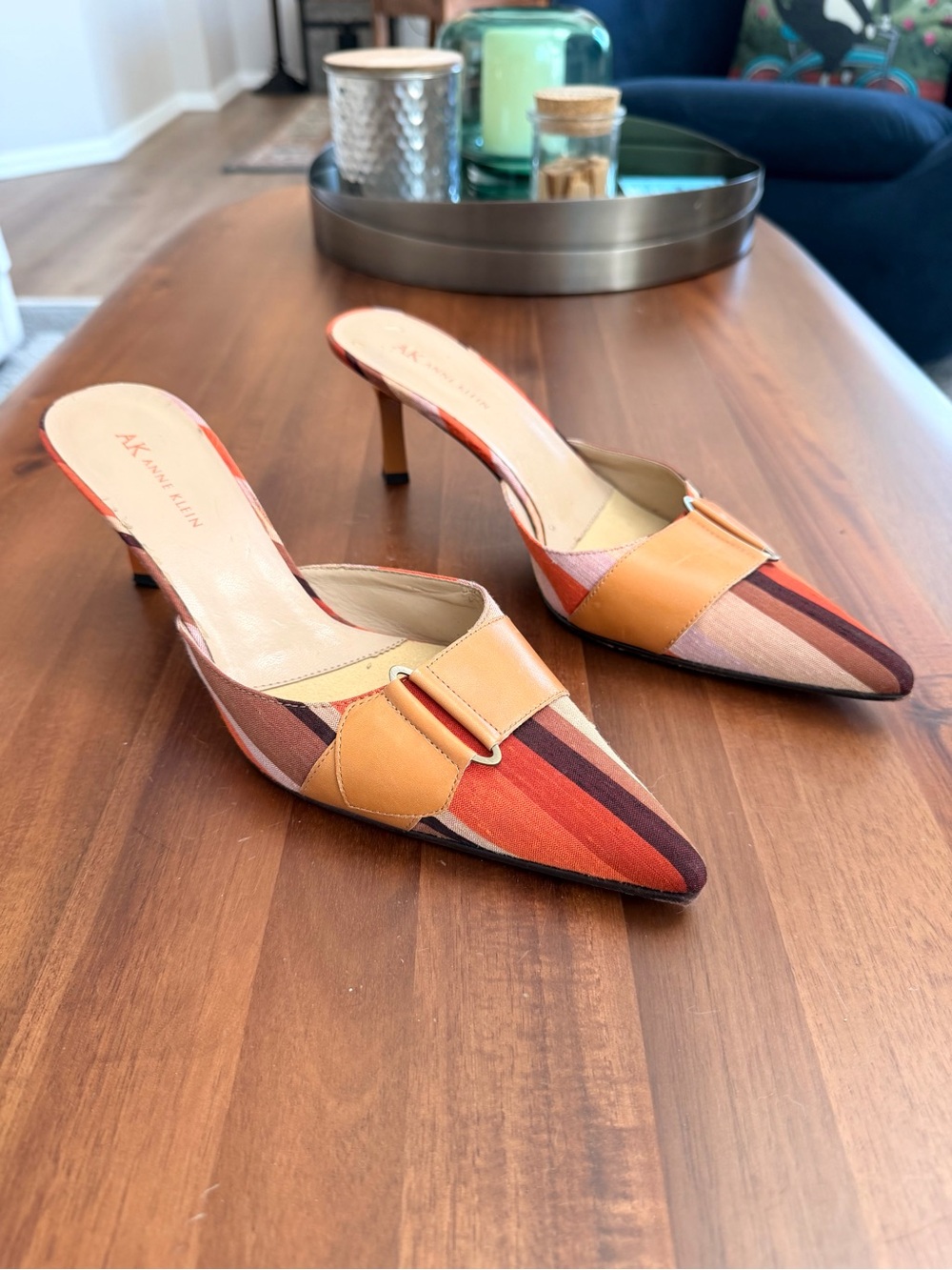 AK Anne Klein Striped Pointed Toe Mule Heels Size 9M 3” Heel